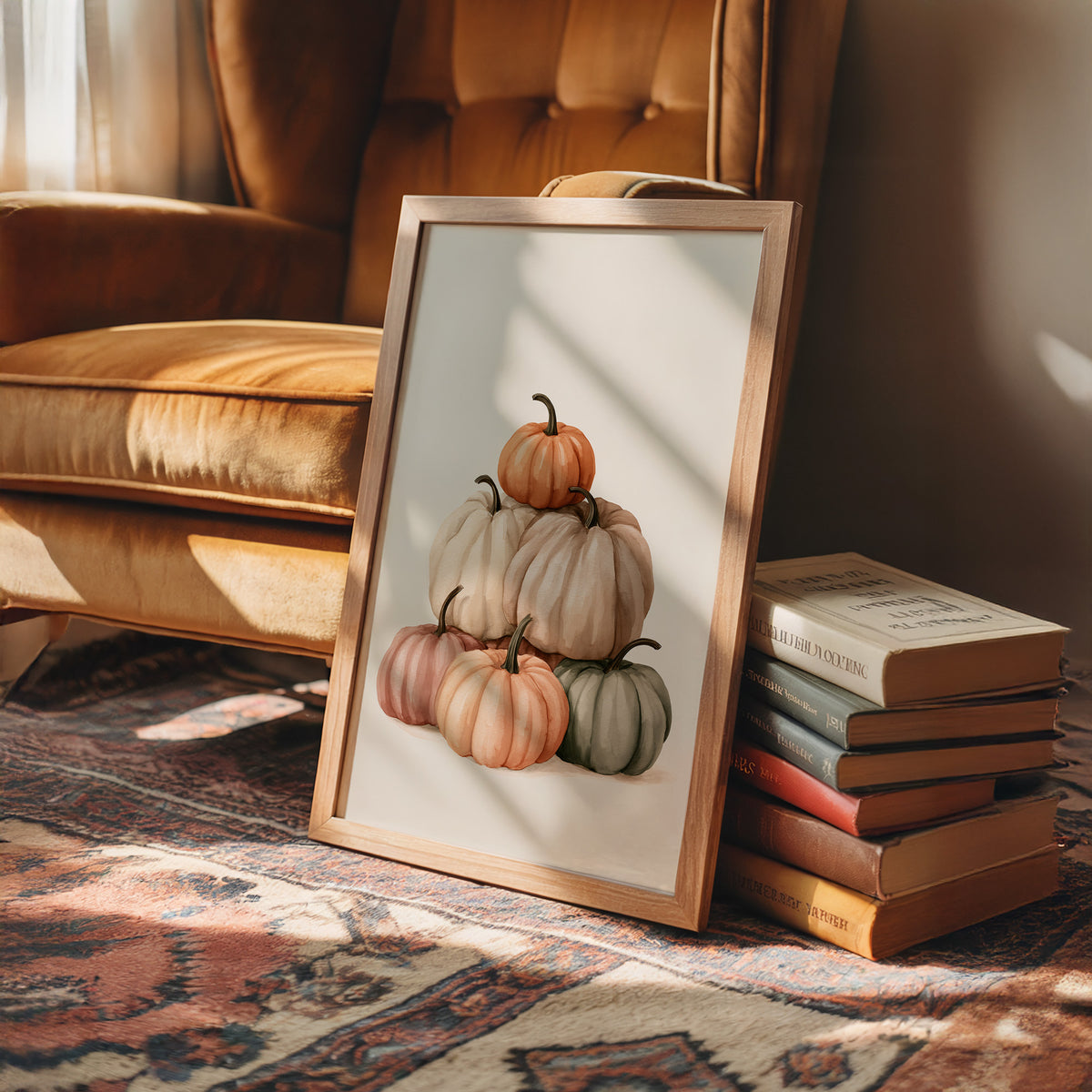 Pastel Pyramid Scheme, framed print leaning on a leather armchair beside a stack of books