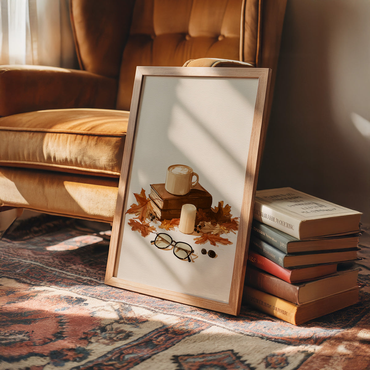 Brewed Awakening Between Chapters, framed print leaning on a leather armchair beside a stack of books