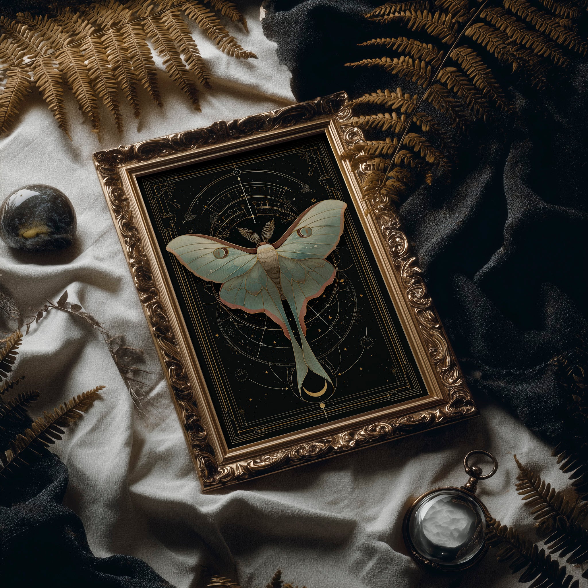 Luna Moth Under Golden Stars