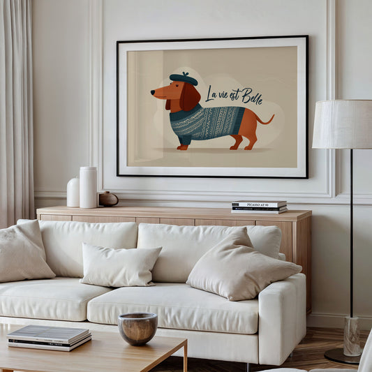 La Vie Est Belle Canvas Art | French Dachshund in Beret & Sweater Print for Living Room, Office or Dog Lover Décor