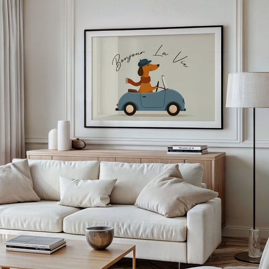 Bonjour La Vie Canvas Art | French Dachshund Driving Convertible Print for Living Room, Office or Dog Lover Décor
