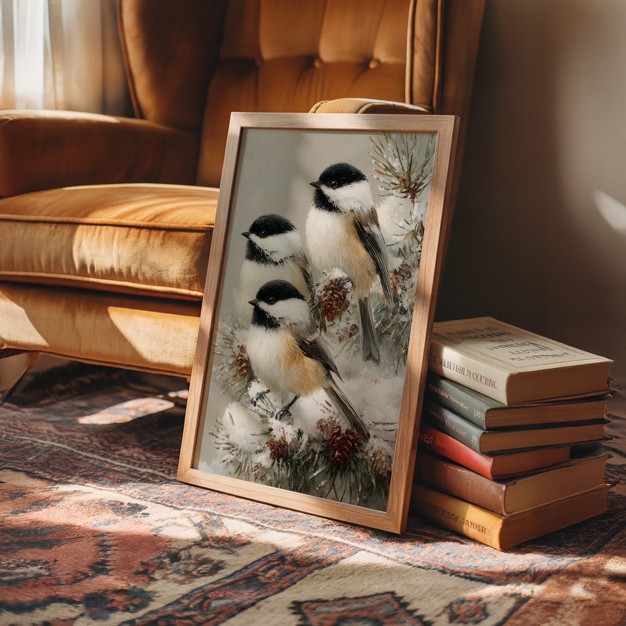 Chickadees on Frosted Pine