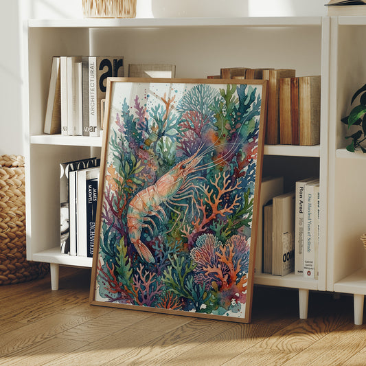 Coral Thicket Sentinel: Watercolor Shrimp Study