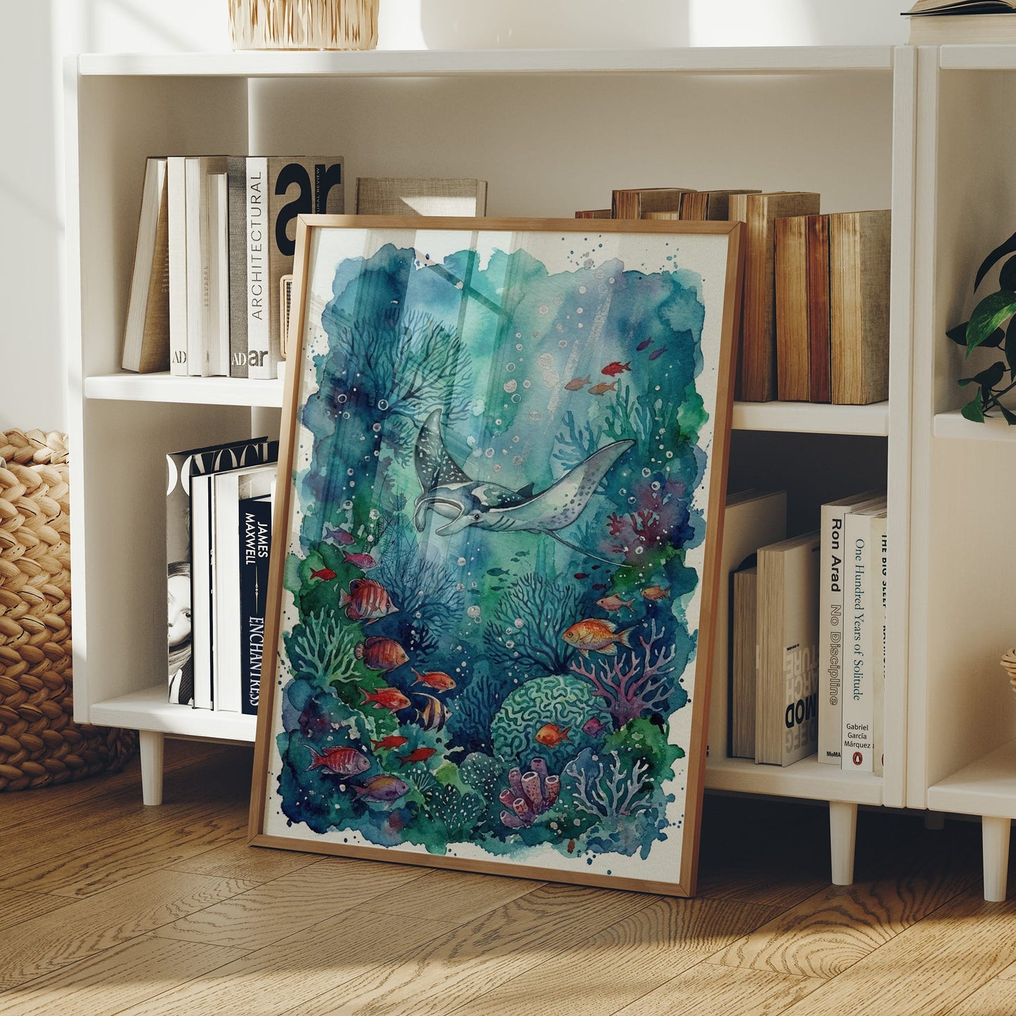 Silent Glide: Watercolor Manta Ray Reef Scene
