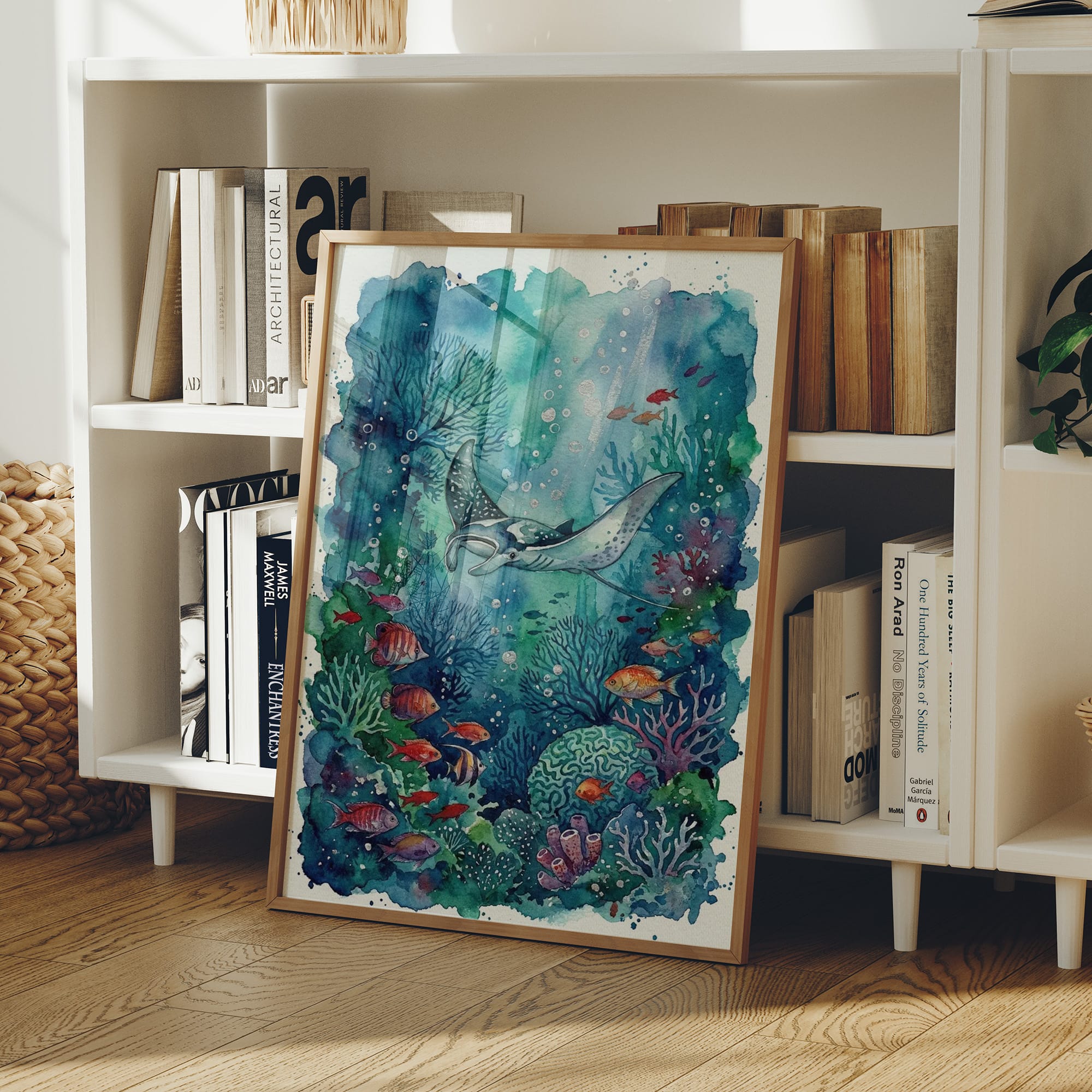 Silent Glide: Watercolor Manta Ray Reef Scene