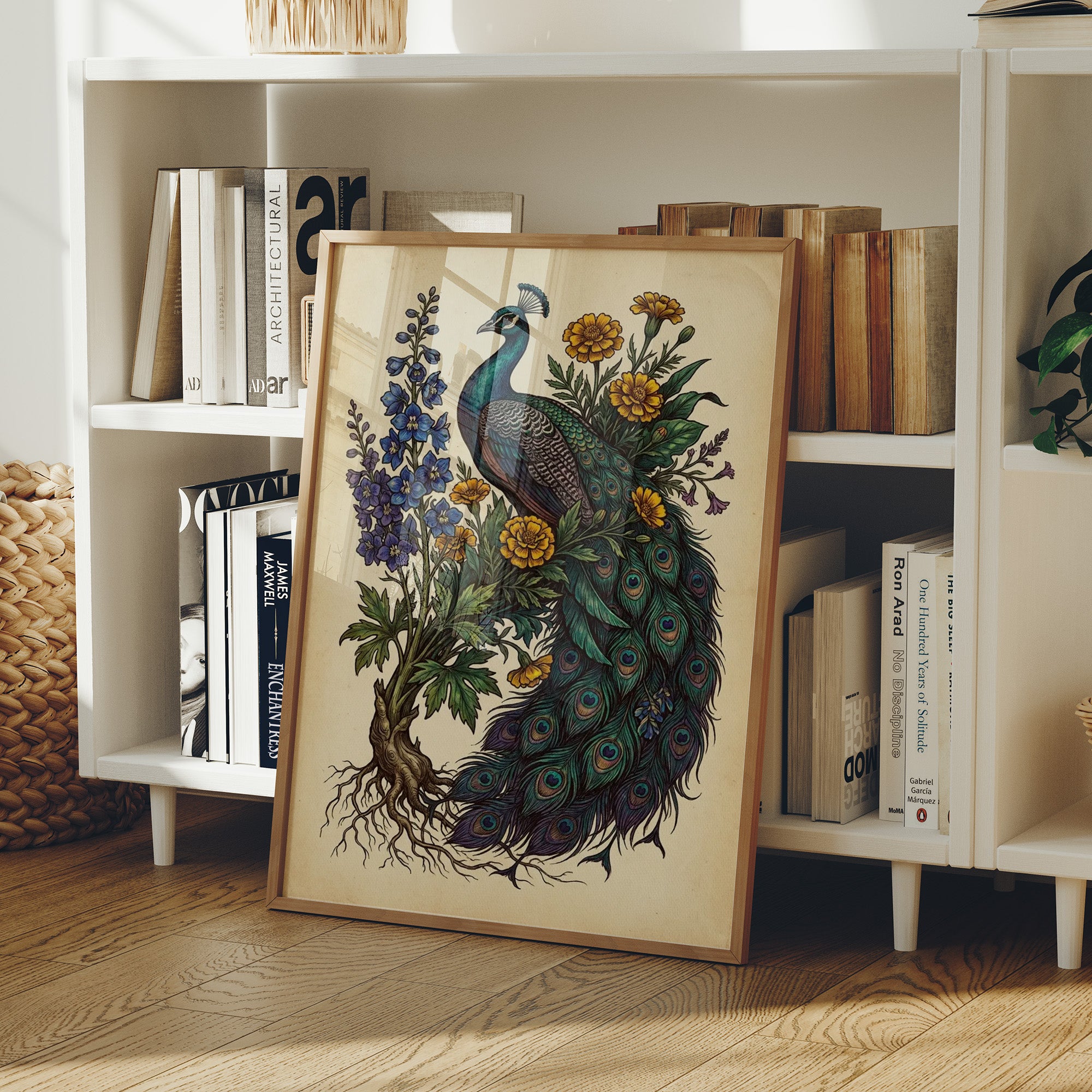 Peacock and Marigolds