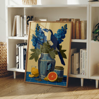 Toucan and Blue Delphiniums