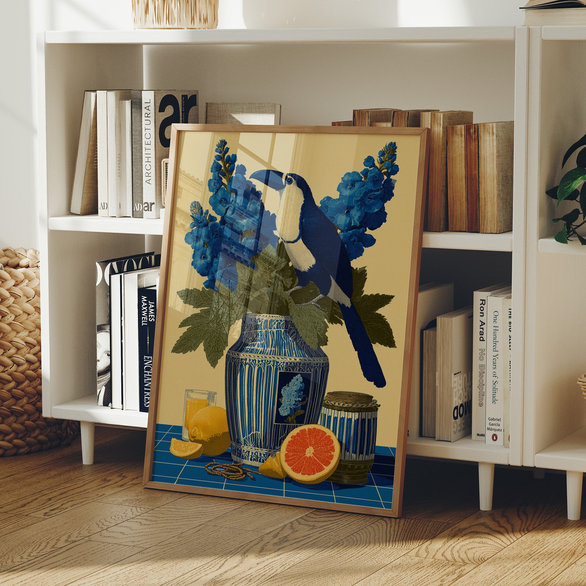 Toucan and Blue Delphiniums
