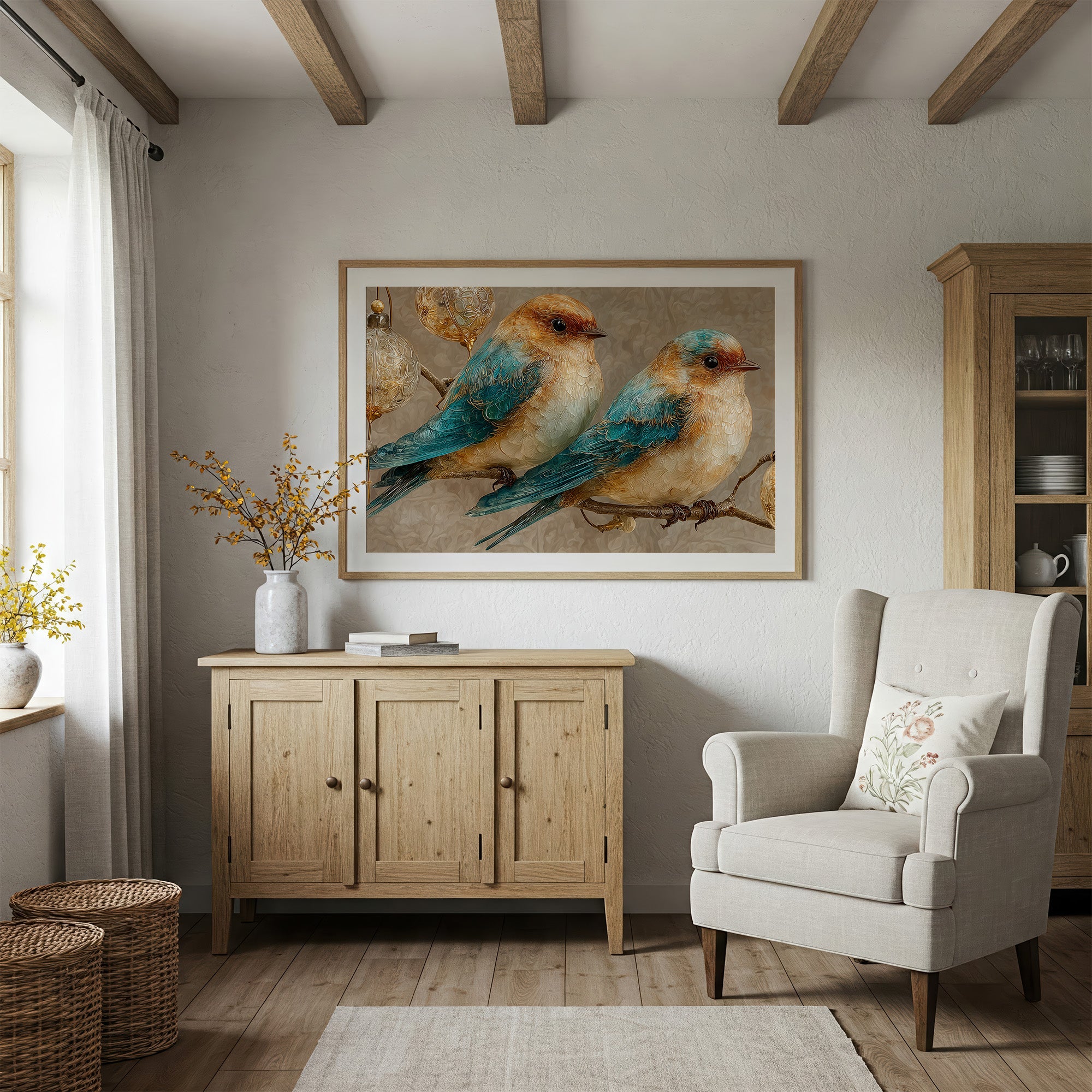 Two Bluebirds and Golden Filigree