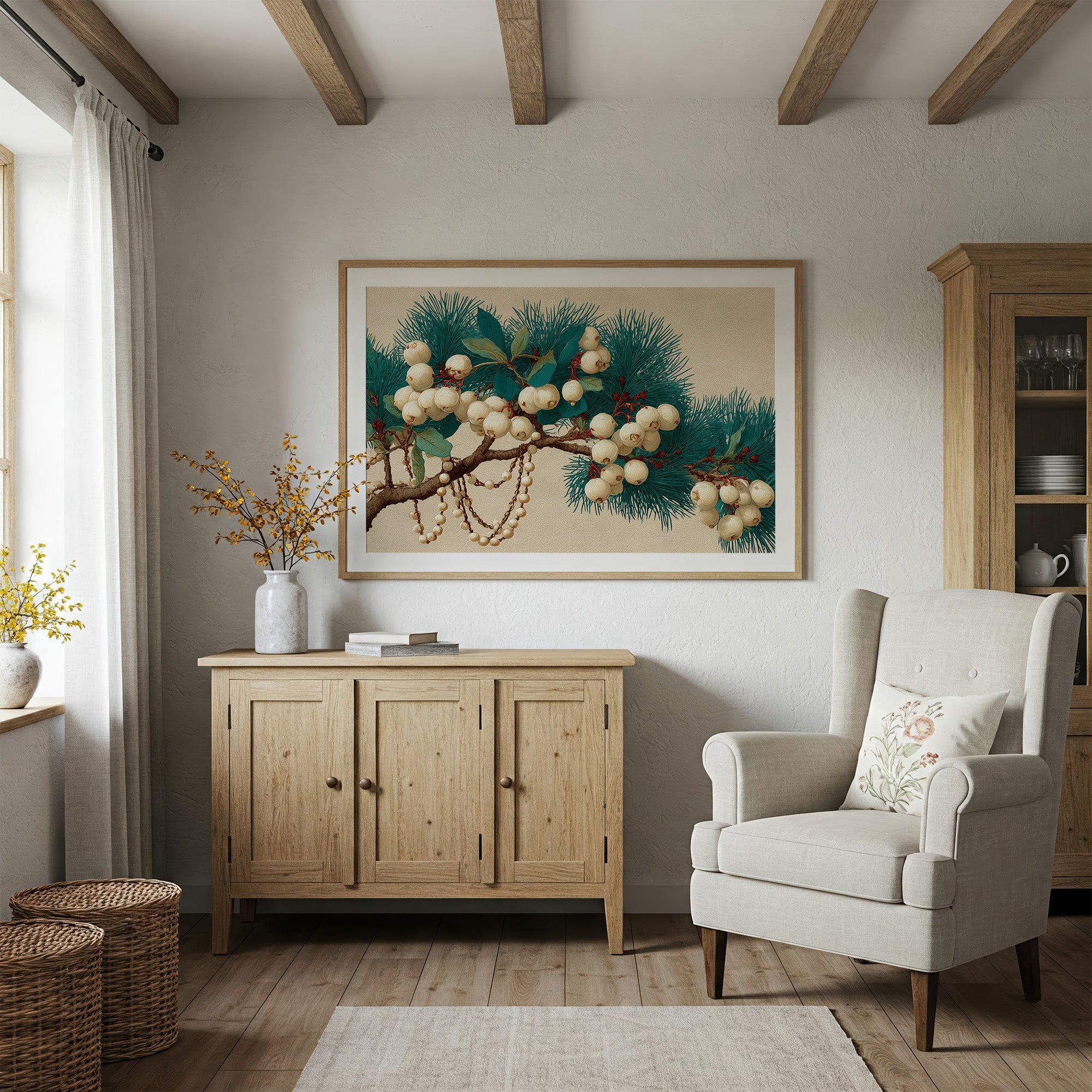 Snowberries and Pearls on Pine