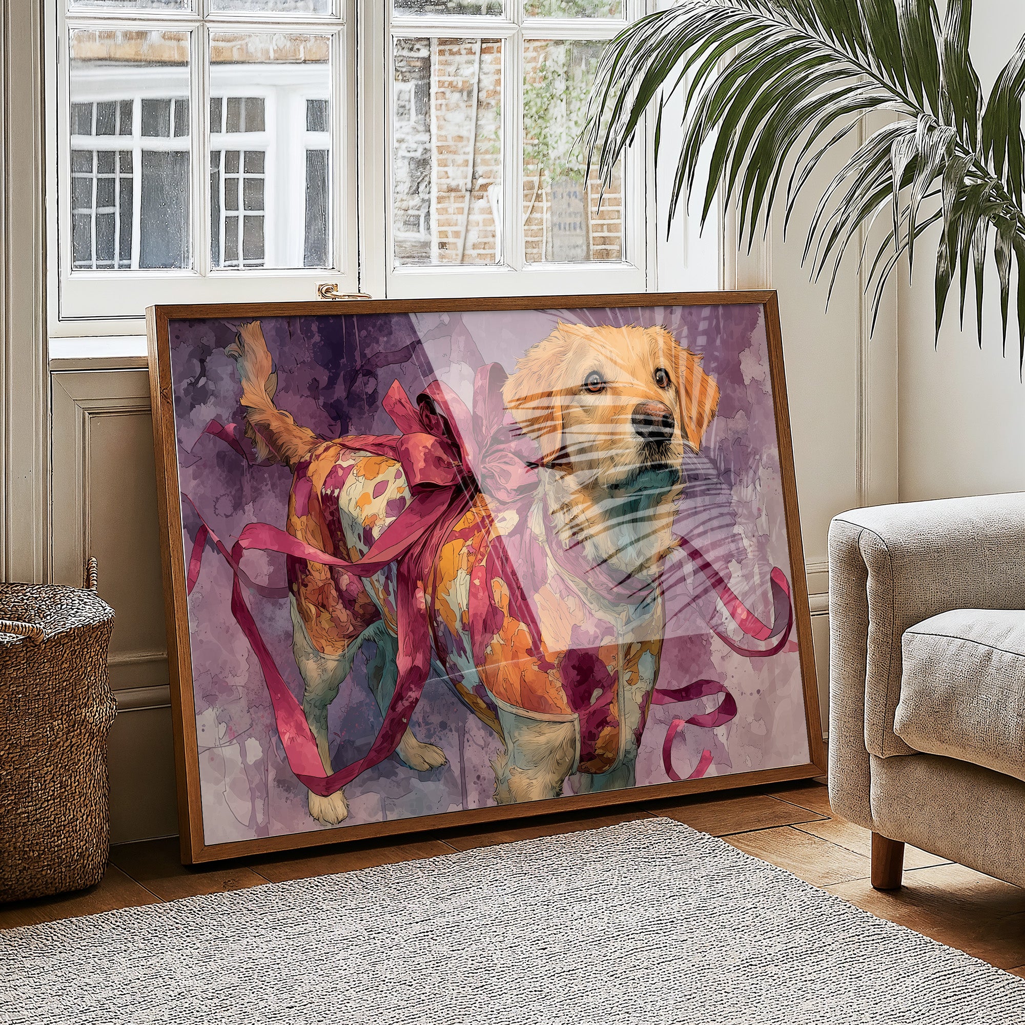 Golden Retriever Wrapped in Ribbon