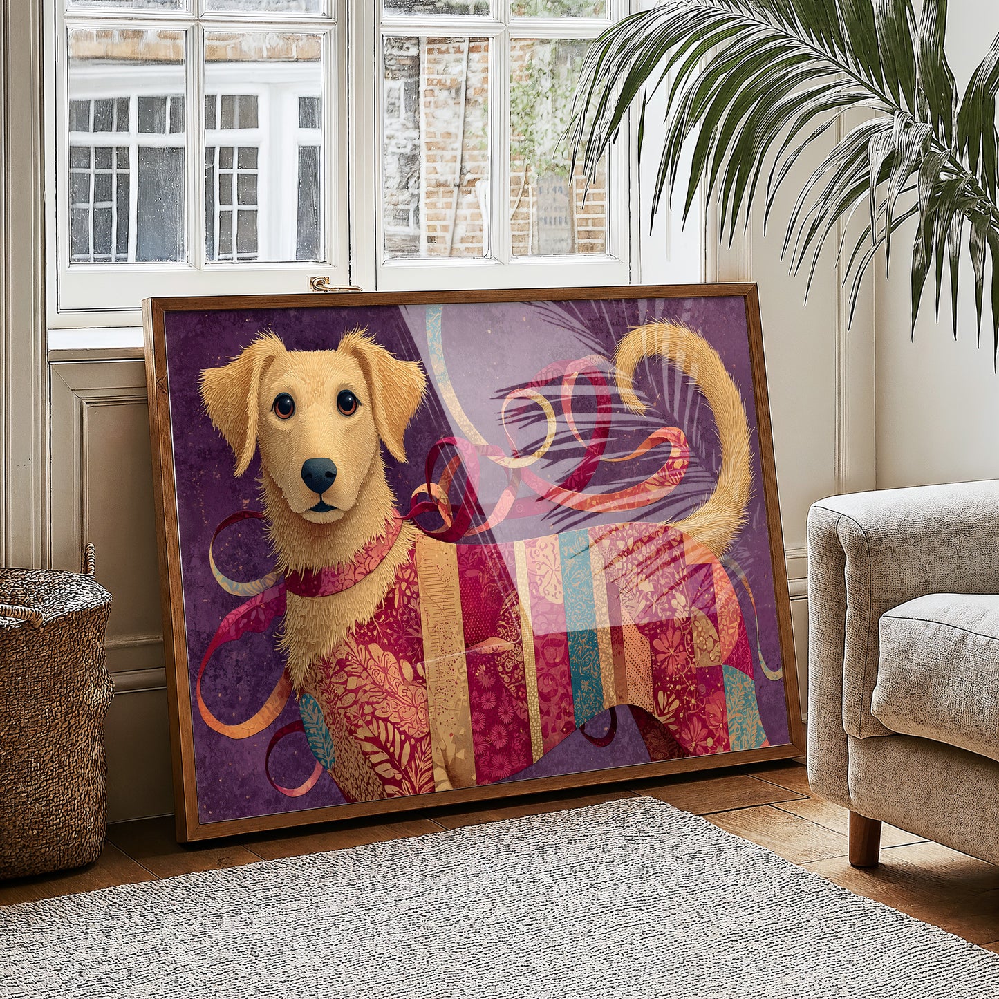 Golden Puppy in Patchwork Ribbons