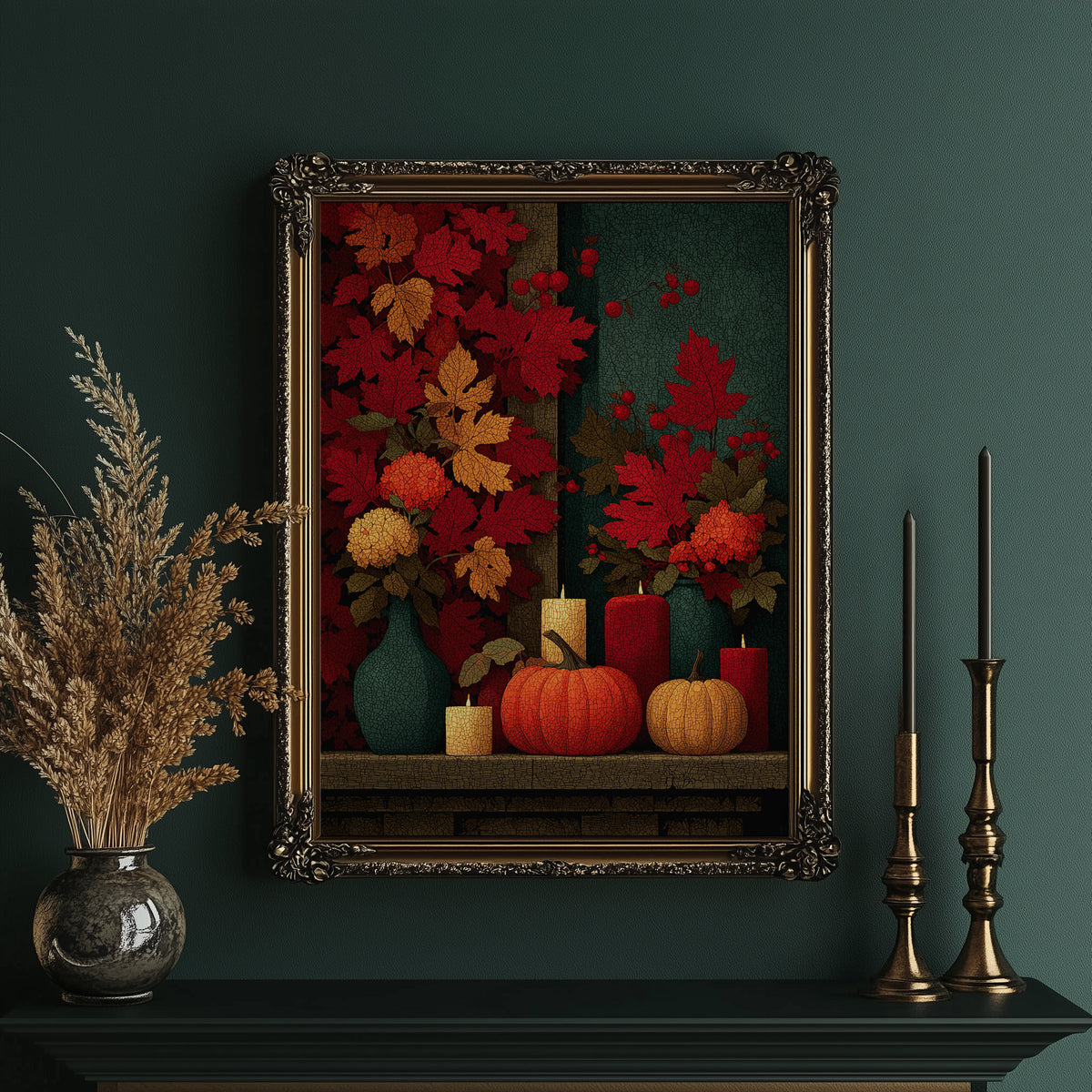 Candlelit Mantel: Leaves Took Over the Wall