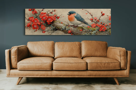 Songbird Among Scarlet Blossoms