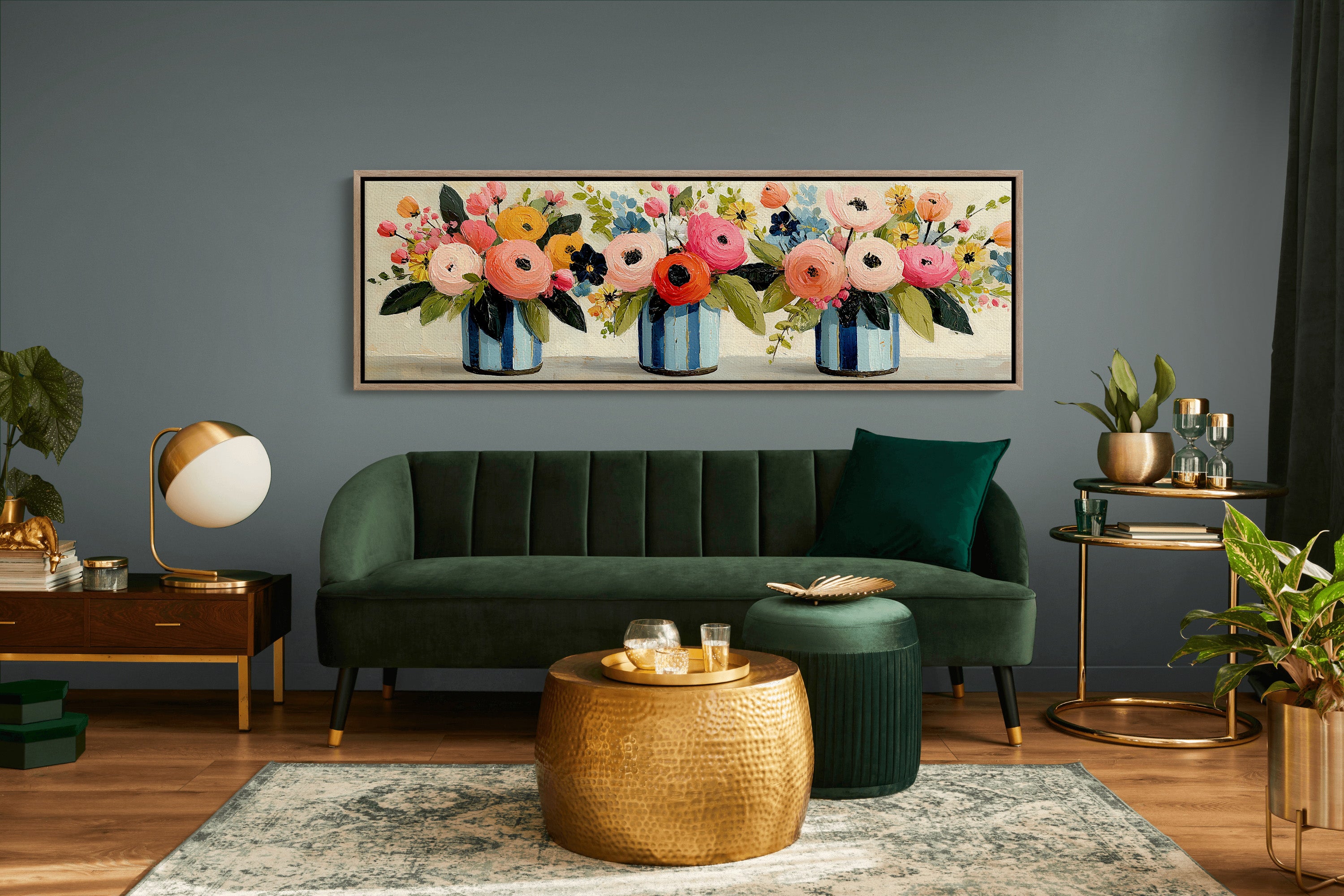 Blooms In Striped Blue Vases