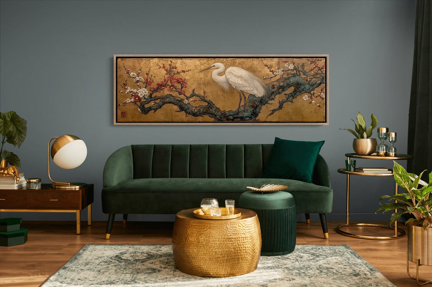 Egret Among Crimson Plum Blossoms