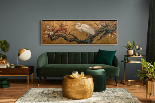Egret Among Crimson Plum Blossoms