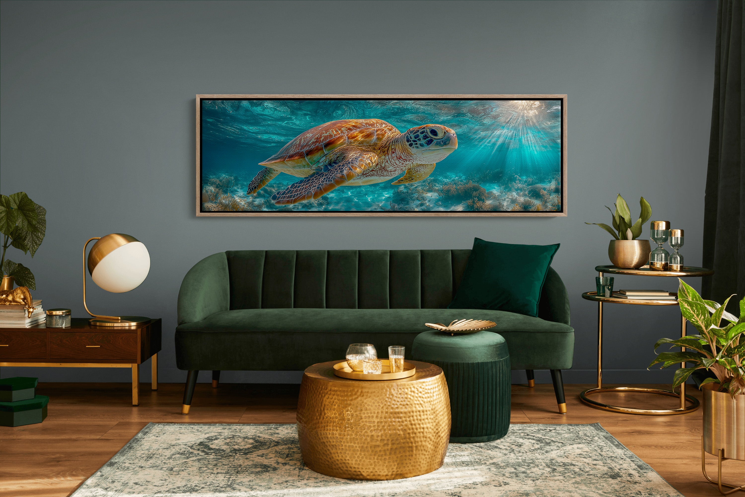 Sea Turtle Swimming In Sunlit Ocean