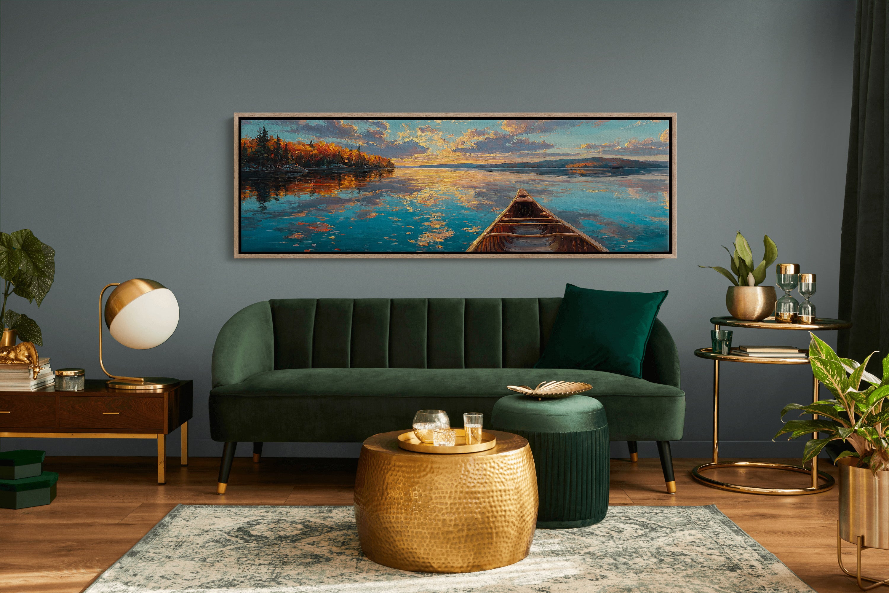 Canoe Drifting Across A Golden Lake