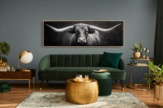 Black and White Longhorn Portrait on Dark Background