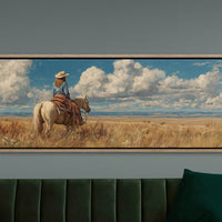 Cowgirl on Horse Overlooking Wide Western Prairie