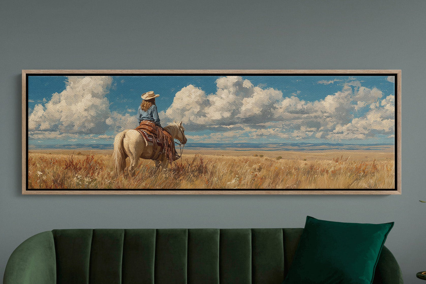 Cowgirl on Horse Overlooking Wide Western Prairie