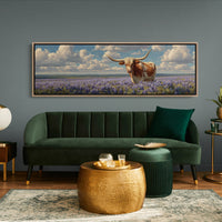 Texas Longhorn Standing in Blooming Bluebonnet Field