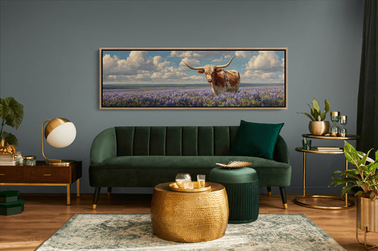 Texas Longhorn Standing in Blooming Bluebonnet Field