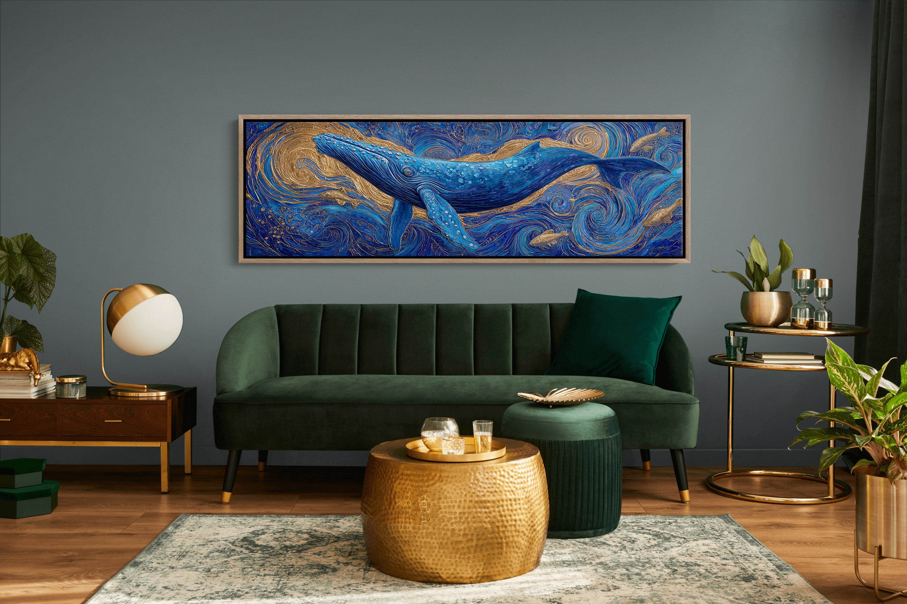 Majestic Blue Whale in Golden Ocean Swirl
