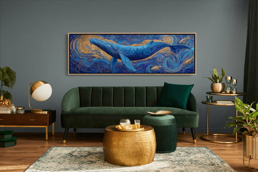 Majestic Blue Whale in Golden Ocean Swirl
