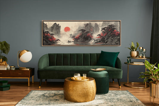 Crimson Trees Beneath a Rising Sun