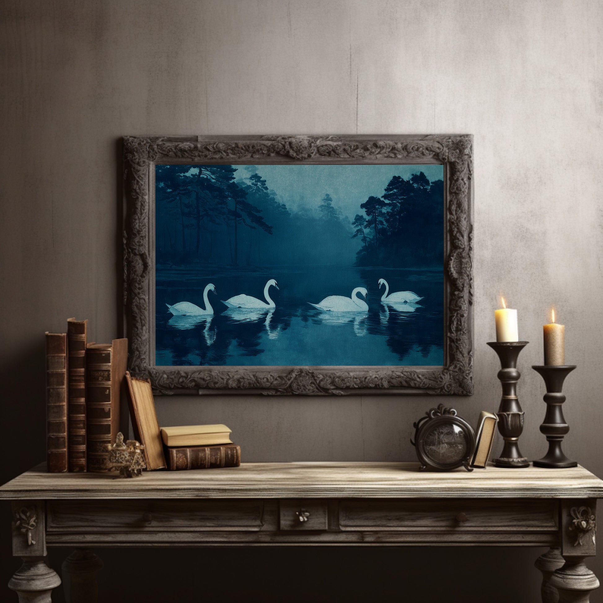 Swans Beneath the Midnight Mist