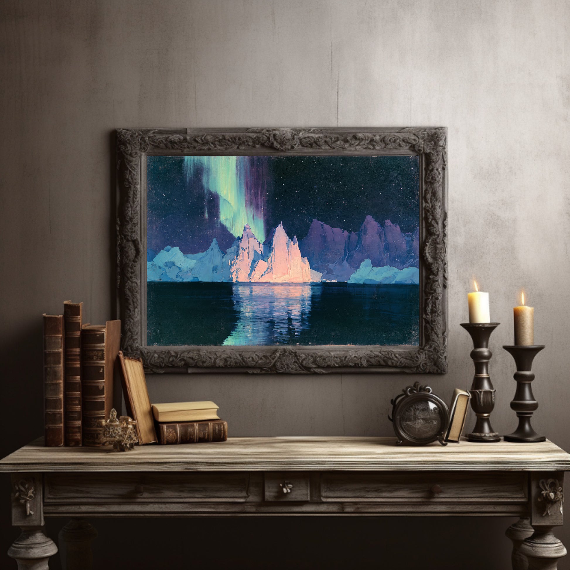 Icebergs Under the Aurora