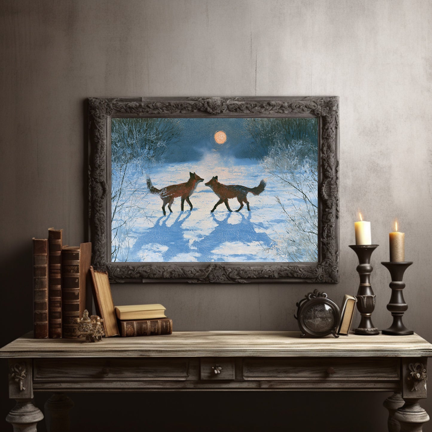 Two Foxes Under Winter Moon