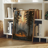 Cabin Glowing In Forest Fire Light