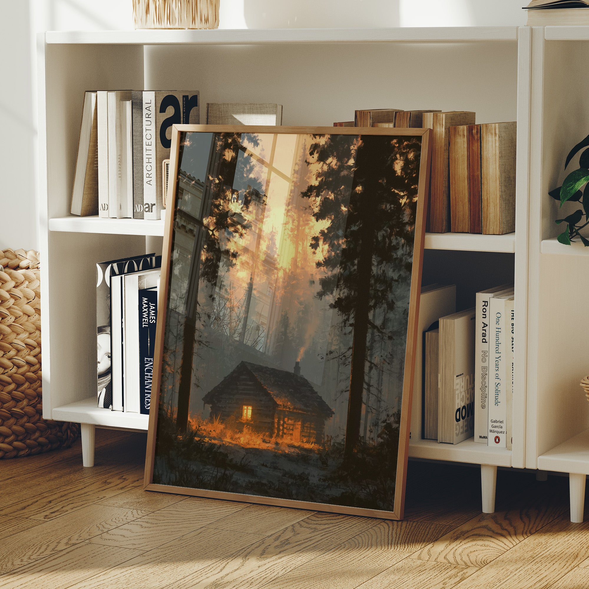 Cabin Glowing In Forest Fire Light
