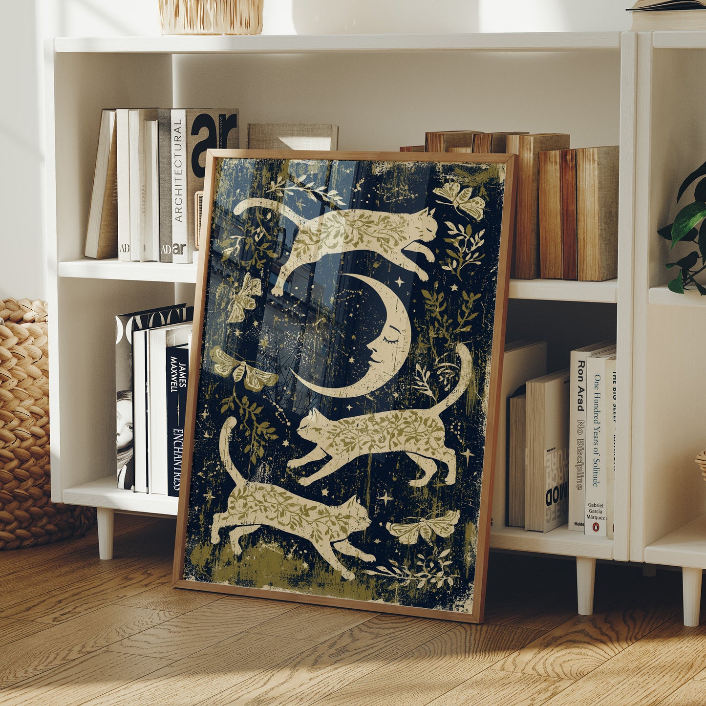 Cats Leaping Around Crescent Moon