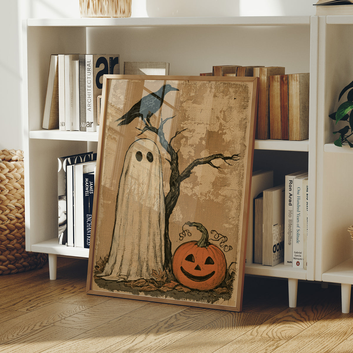 Ghost, Crow, and One Grinning Pumpkin