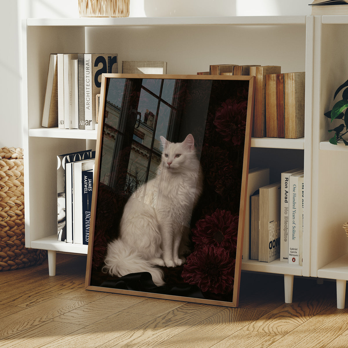 White Cat, Black Chrysanthemums