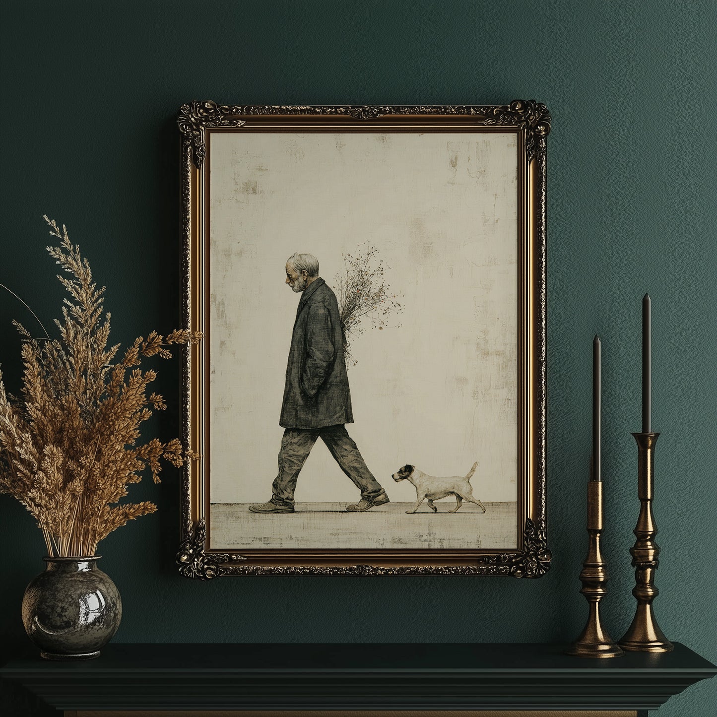 The Old Man Carrying Wildflowers — Surreal Figurative Print