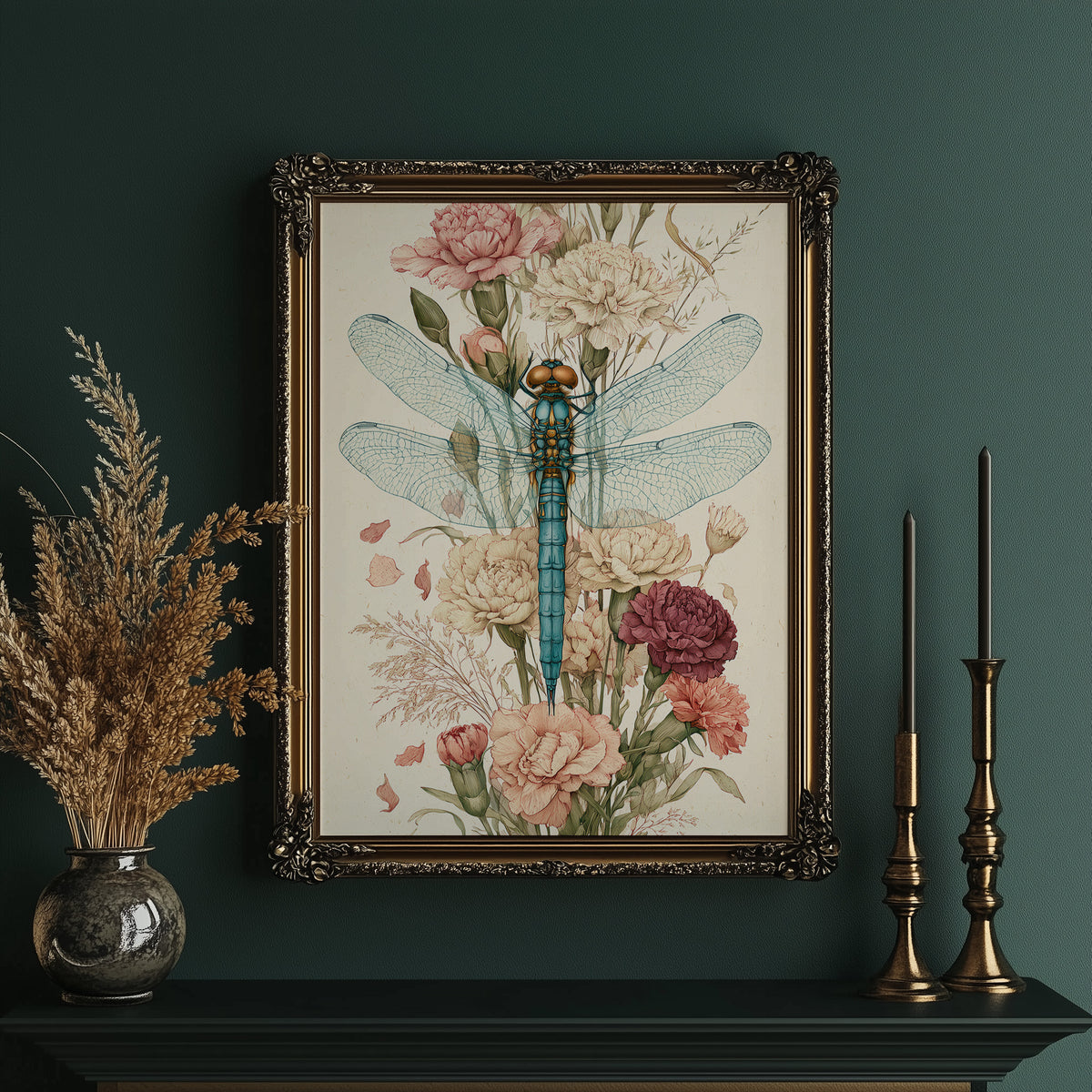 Dragonfly Among Carnations — Botanical Illustration Print