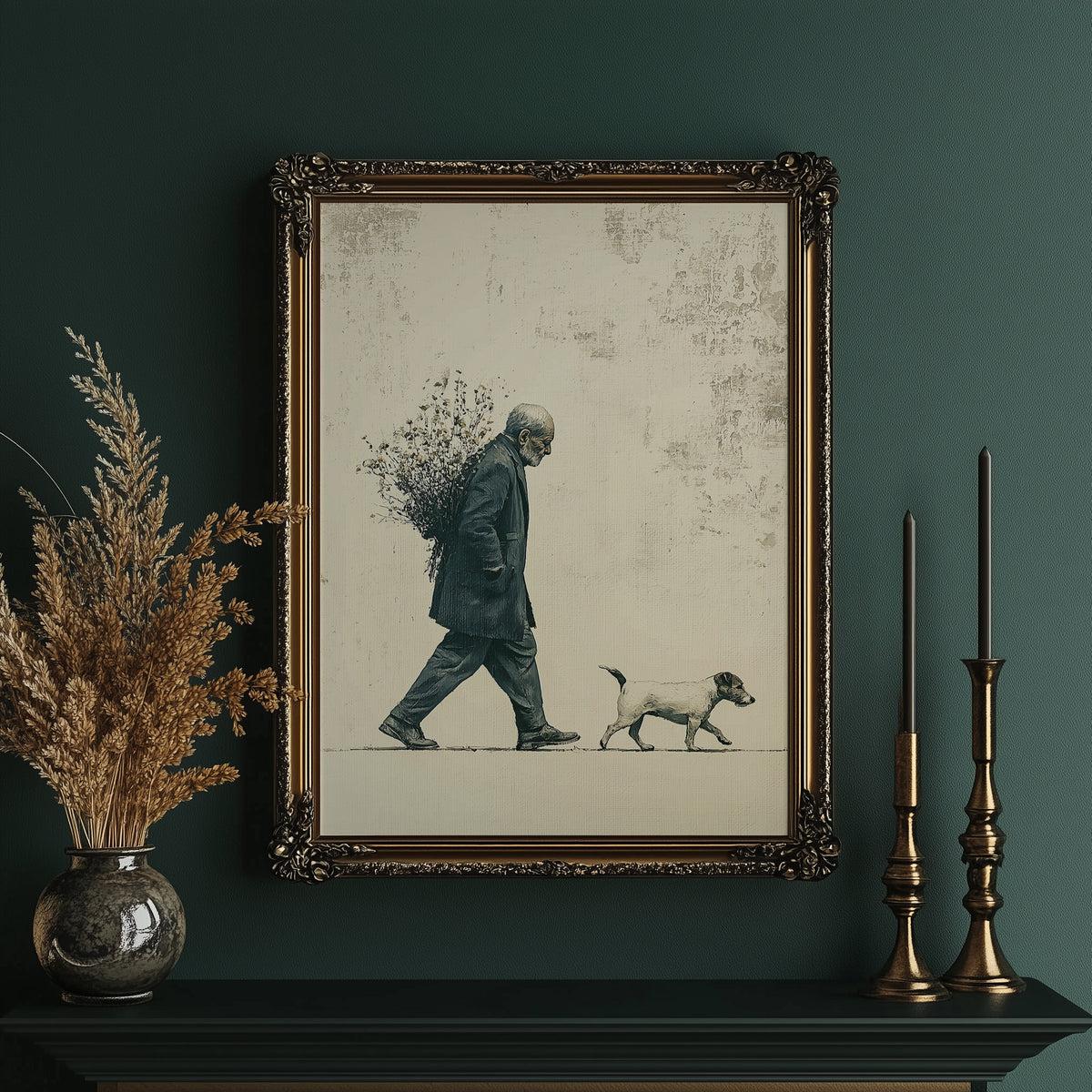 The Old Man Carrying Wildflowers — Blue Ink Screenprint