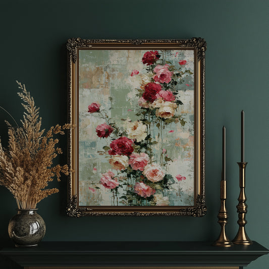 Climbing Roses on Plaster — Crimson Drip Impasto Painting
