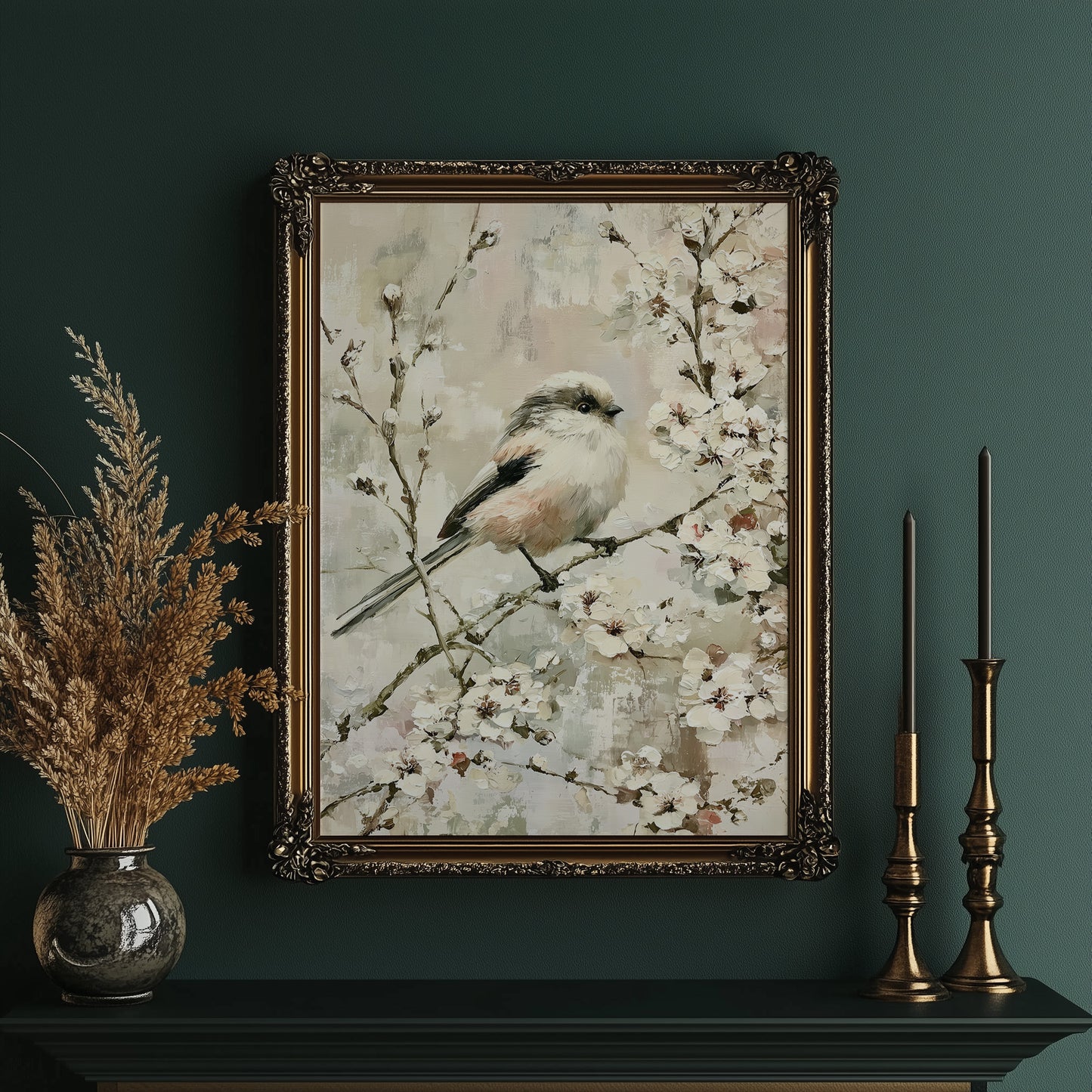 Long-Tailed Tit in Cherry Blossoms — Impasto Bird Painting