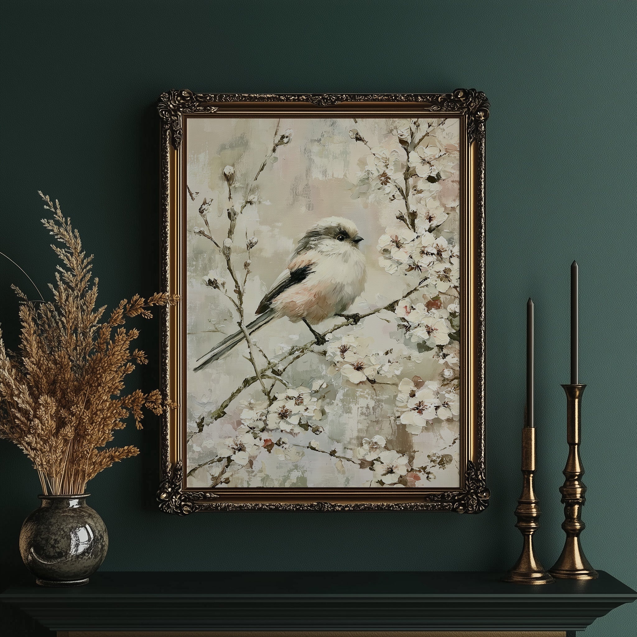 Long-Tailed Tit in Cherry Blossoms — Impasto Bird Painting