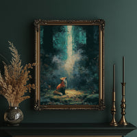 Fox in the Cathedral Light — Dark Forest Oil Painting