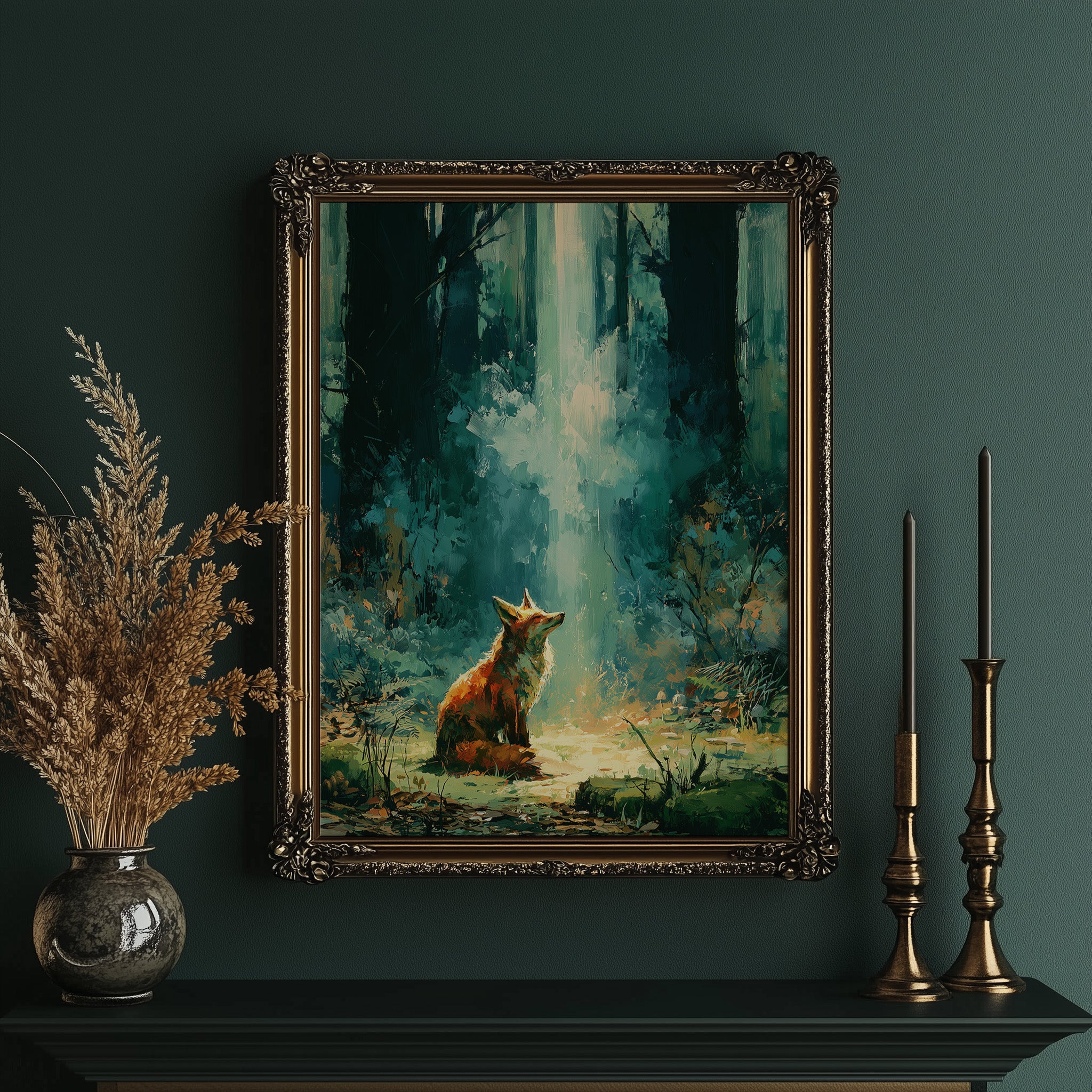 Fox in the Cathedral Light — Emerald Forest Oil Painting