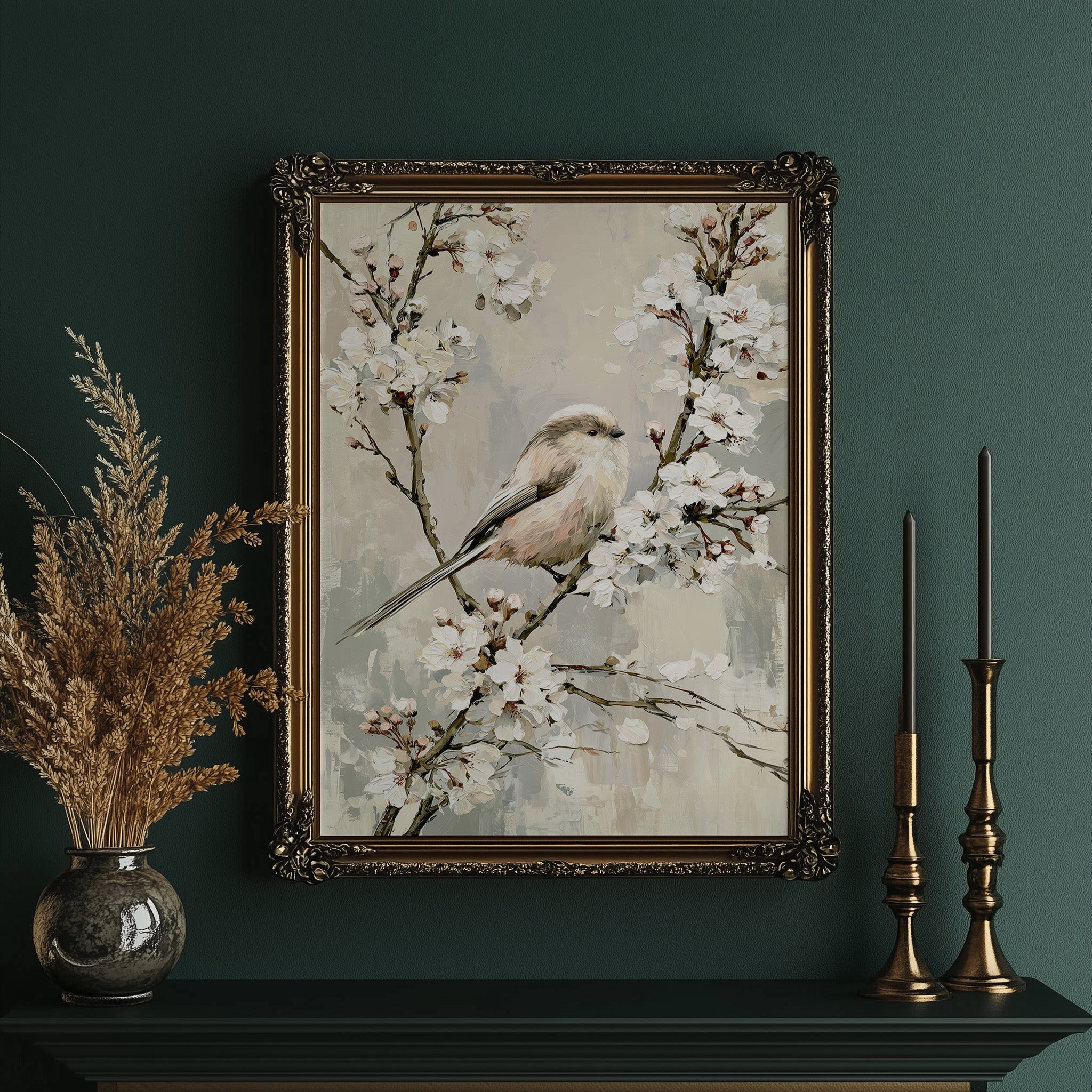 Long-Tailed Tit in Cherry Blossoms — Grey Taupe Oil Painting