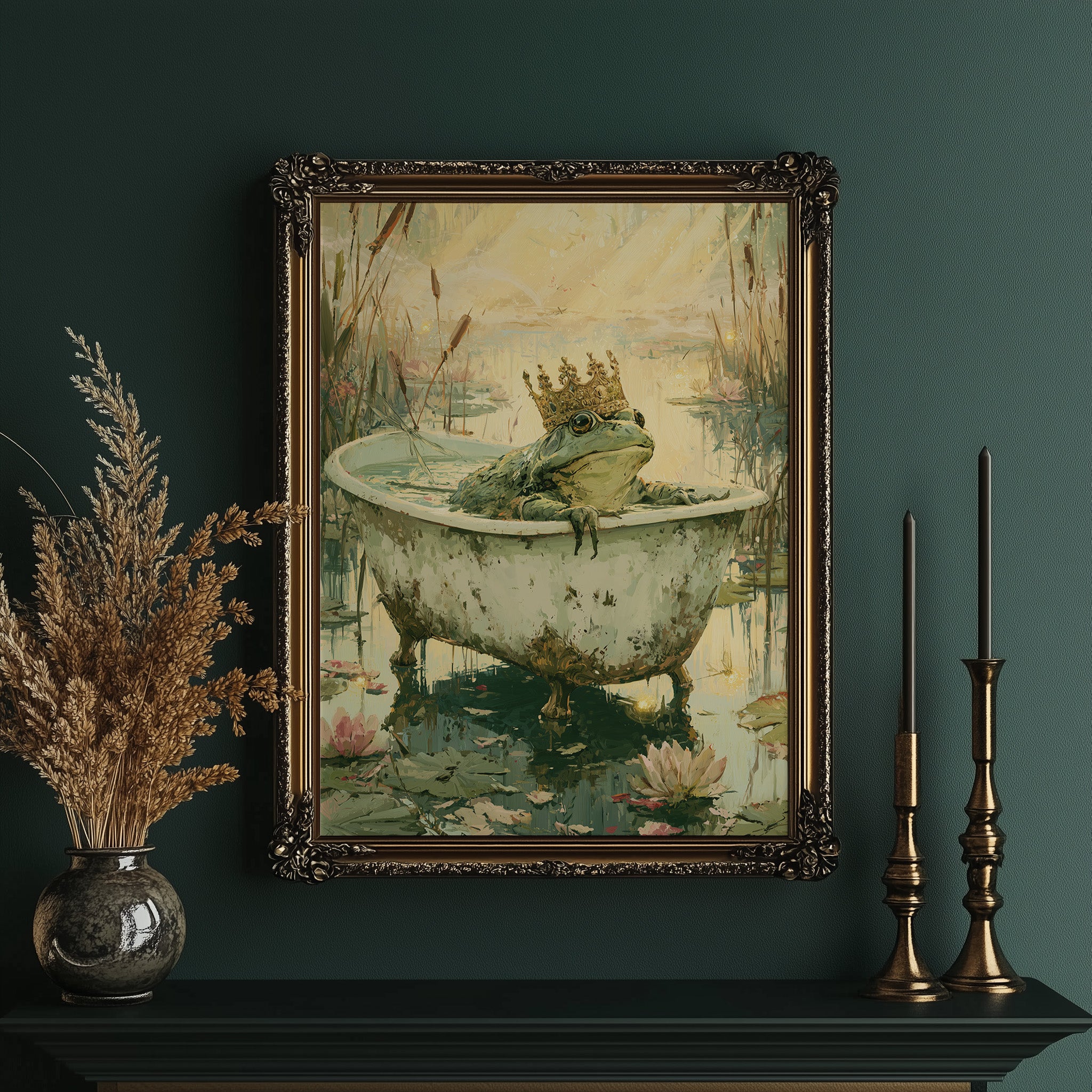 The Frog Prince's Bath — Golden Hour Pond Painting