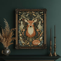 Woodland Tapestry — Dark Folk Art Deer and Forest Creatures